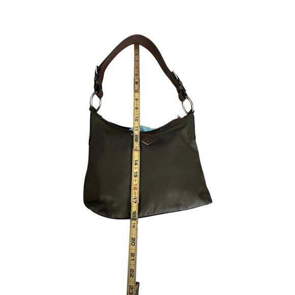 Prada Women khaki Green Brown Leather Trim silver Nylon Hobo Shoulder Bag purse - Picture 16 of 16